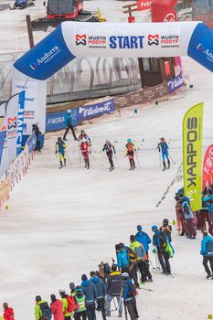 Arinsal, Andorra : 2021 March 2 : Skiers start in the ISMF WC Championships Comapedrosa Andorra 2021- Sprint Senior Woman.
