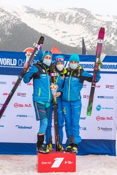 Arinsal, Andorra : 2021 March 3 : Italy national team in the ISMF WC Championships Comapedrosa Andorra 2021- Relay Race Women.
