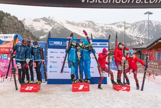 Arinsal, Andorra : 2021 March 3 : Final podium with the teams of France, Switzerland and Italy in the ISMF WC Championships Comapedrosa Andorra 2021- Relay Race Women.