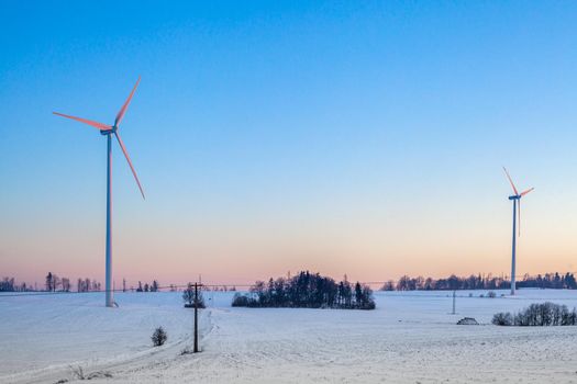 wind power plants in the field at sunrise.