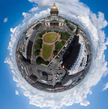 Russia, St.Petersburg, 03 July 2019: Aerial spherical image of Isaac square and cathedral at day time, the Planet, panoramic image of city, cityscape, golden dome, sunny day, 360-Degree View. High quality photo