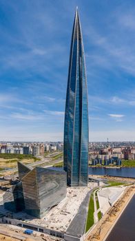 Russia, St.Petersburg, 26 May 2020: Aerial panoramic image of skyscraper Lakhta center at day time, It is the highest skyscraper in Europe, completion of construction, sunny weather