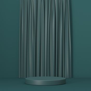 Mock up podium for product presentation with curtain 3D render illustration on green background