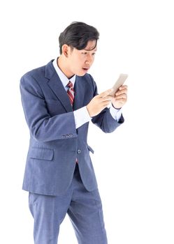 Young asian business men portrait holding phone in suit over white background