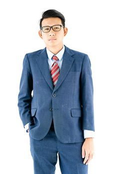 Young asian businessman portrait in suit and wear glasses over white background