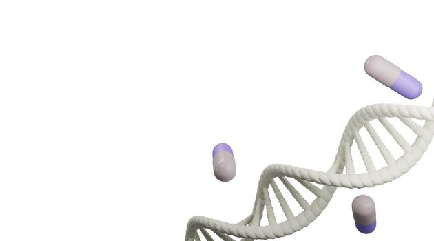 White DNA structure abstract and pill drug isolated on white background, 3D rendering.