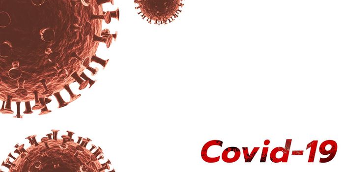Red text COVID-19 with virus graphic on white background, name for Coronavirus disease. 3d