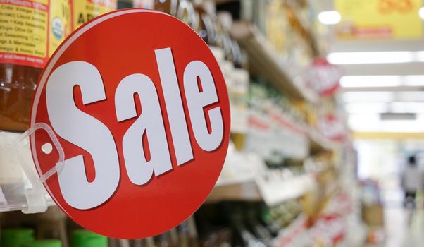 Sign of sale, sale banner grocery shopping promotional sale advertisement.