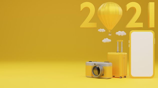 Happy New Year 2021: White screen mobile mockup with airplane, luggage and camera over yellow background travel concept. 3d rendering