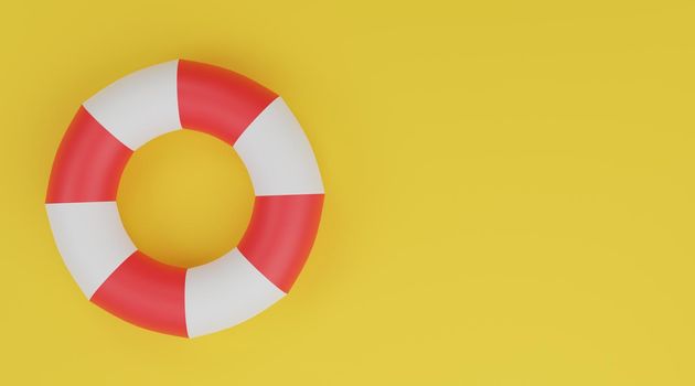 Swimming ring 3D, Life buoy red and white on yellow background