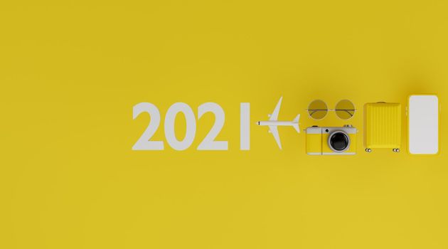 Happy New year 2021: White screen mobile mockup with airplane, camera, luggage, and sunglasses over yellow background travel concept. 3d rendering