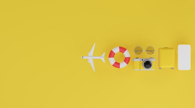 Happy New year 2021: White screen mobile mockup, swimming rubber ring, airplane, luggage, camera and sunglasses over yellow background travel concept. 3d rendering