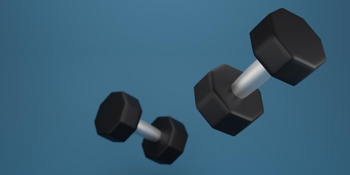 Black dumbbell on a blue background. 3d rendering