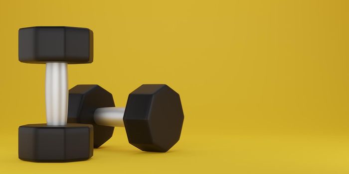 Black dumbbell on a yellow background. 3d rendering