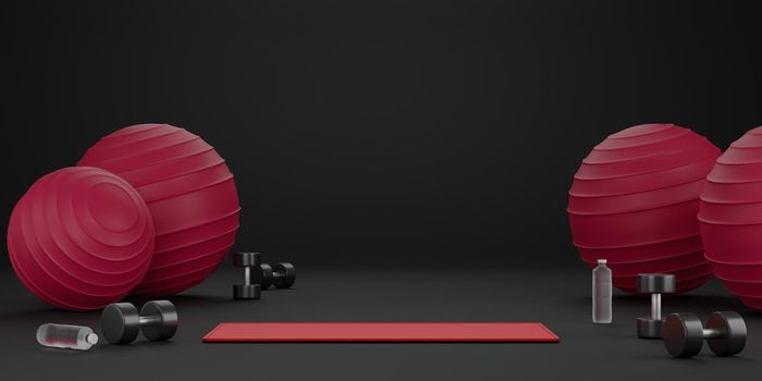 Metal dumbbell, red fit ball, yoga mat and drinking water bottle. Equipment for fitness on dark background. 3D Rendering
