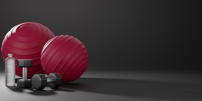 Metal dumbbell, red fit-ball and drinking water bottle. Equipment for fitness on black background. 3D Rendering