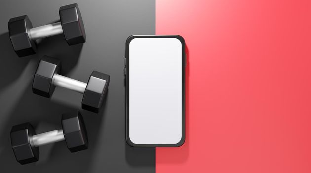 Metal dumbbell with white screen mobile mockup, Equipment for fitness on red and black background. 3D Rendering