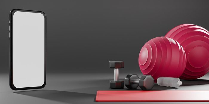 Metal dumbbell, fit ball, yoga mat and drinking water bottle with black screen mobile mockup. Equipment for fitness on white background. 3D Rendering