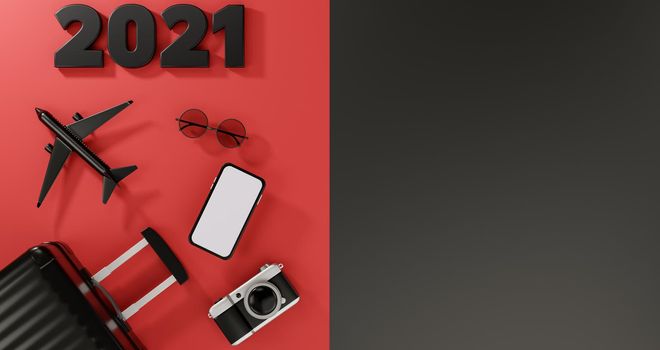 Happy New year 2021: White screen mobile mockup with airplane, camera, suitcase, and sunglasses over red and black background travel concept. 3d rendering