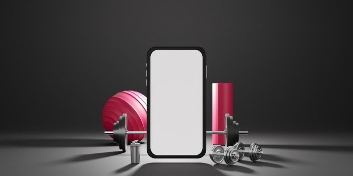 Sport fitness equipment : white screen mobile mockup, red yoga mat, fit ball, bottle of water, dumbbells barbell over black background. 3D rendering.