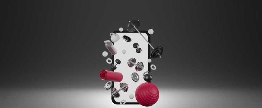 Sport fitness equipment : white screen mobile mockup, red yoga mat, fit ball, bottle of water, dumbbells and barbell on black background. 3D rendering.