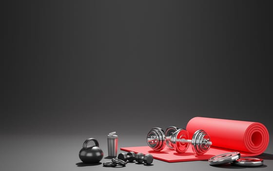 Sport fitness equipment, red yoga mat, kettlebell ,bottle of water, dumbbells over black color background. 3D rendering.