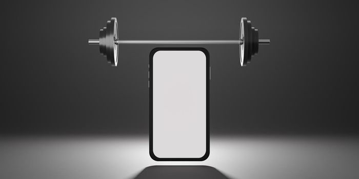 Sport fitness equipment : white screen mobile mockup, plates barbell over black background. 3D rendering.