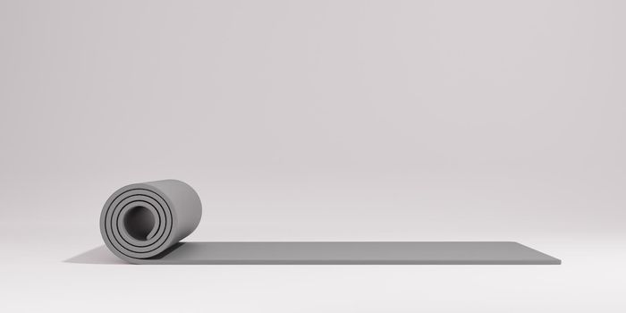 Sport fitness equipment, grey color yoga mat over white color background, 3D rendering.
