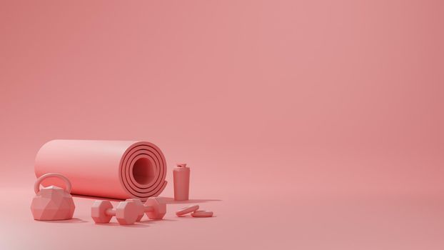 Sport fitness equipment, yoga mat, kettlebell ,bottle of water, dumbbells in pink color.female concept, 3D rendering.