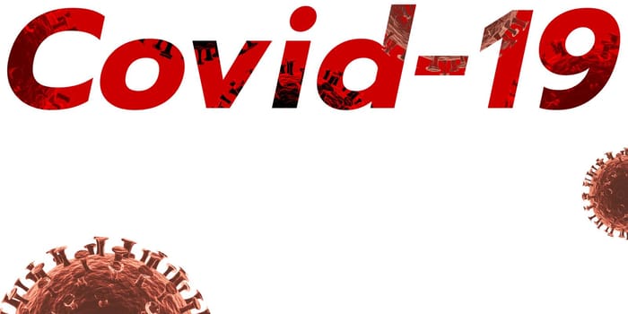 Red text COVID-19 with virus graphic on white background, name for Coronavirus disease. 3d