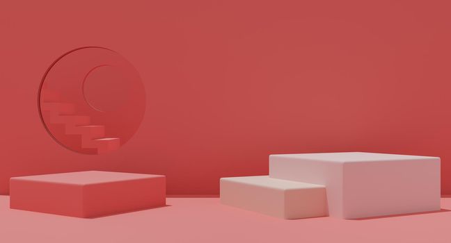 Mockup podium with stairs on pink background for product presentation. 3D rendering.