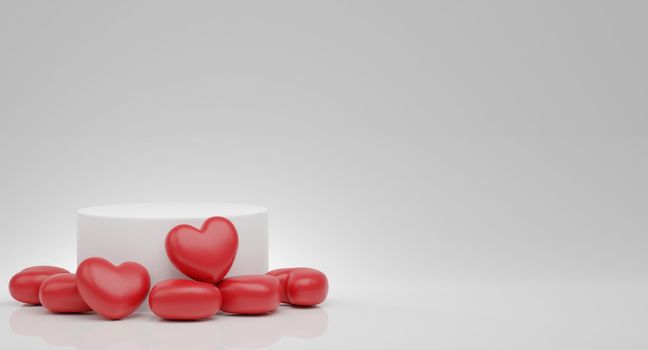 Valentine's Day concept with platform, red hearts balloons. Stand, podium, pedestal for goods 3D rendering.