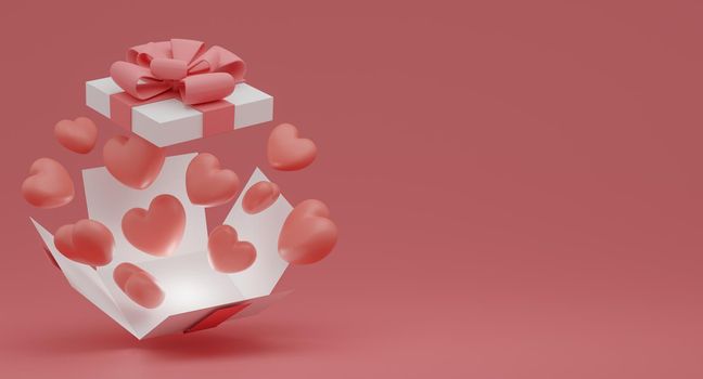 Valentine's Day concept, pink and white hearts balloons in gift box on pink background. 3D rendering.