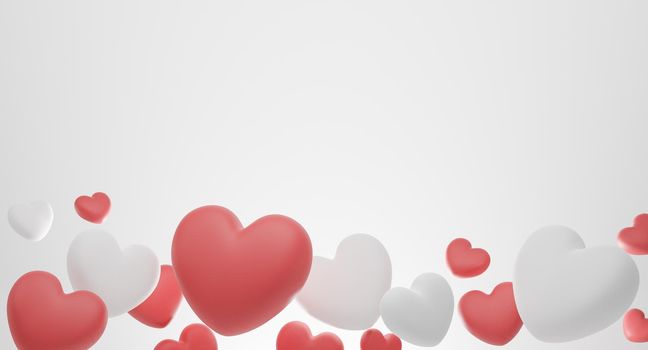 Valentine's Day concept, red and white hearts balloons on white background. 3D rendering.