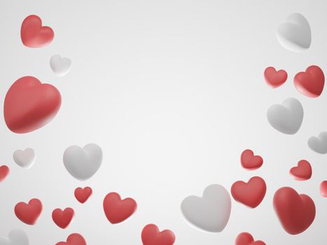 Valentine's Day concept, red and white hearts balloons on white background. 3D rendering.