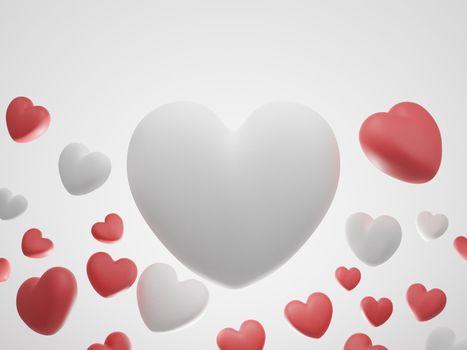 Valentine's Day concept, red and white hearts balloons on white background. 3D rendering.