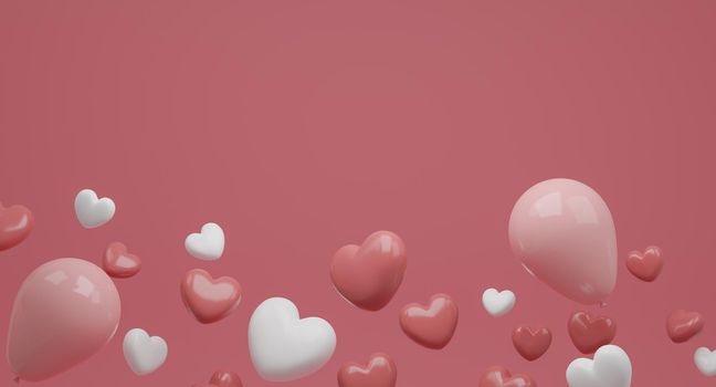 Valentine's Day concept, pink and white hearts balloons on pink background. 3D rendering.