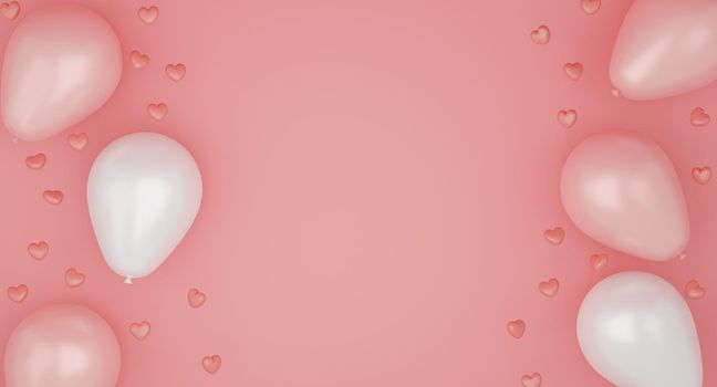 Valentine's Day concept, pink and white balloons on pink background. 3D rendering.