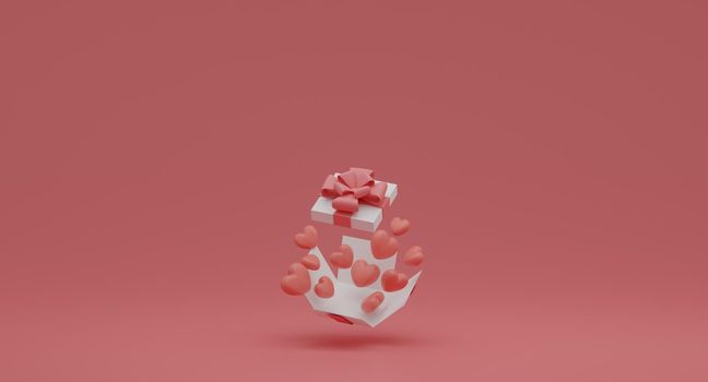 Valentine's Day concept, pink and white hearts balloons in gift box on pink background. 3D rendering.