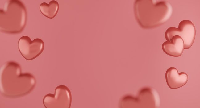 Valentine's Day concept, pink hearts balloons on pink background. 3D rendering.