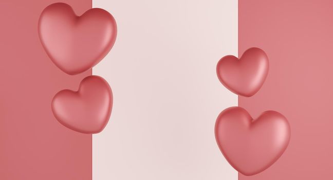 Valentine's Day concept, pink hearts balloons on pink background. 3D rendering.