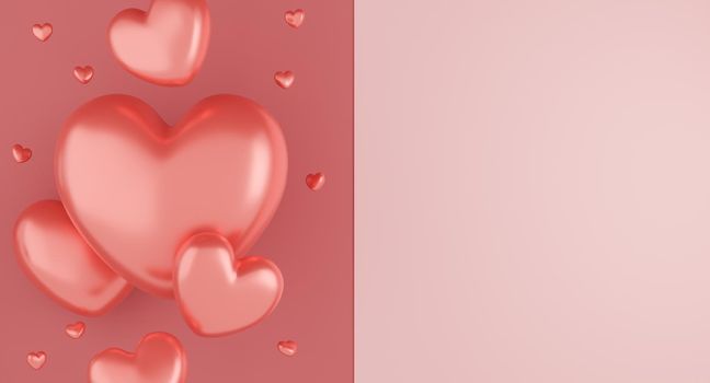 Valentine's Day concept, pink hearts balloons on pink background. 3D rendering.