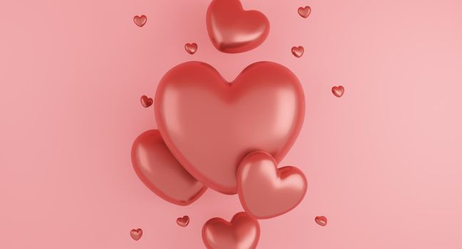 Valentine's Day concept, pink hearts balloons on pink background. 3D rendering.