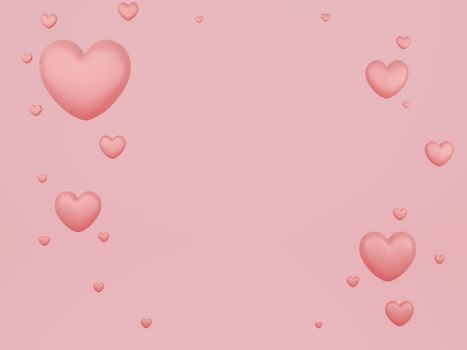 Valentine's Day concept, pink hearts balloons on pink background. 3D rendering.