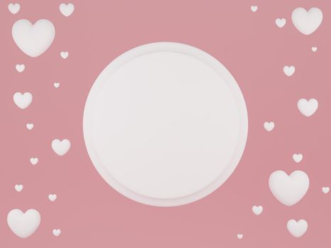 Valentine's Day concept, white hearts balloons on pink and white background. 3D rendering.