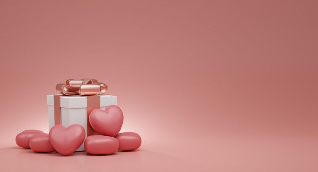 Valentine's Day concept, pink hearts balloons and white gift box with rose gold ribbon on pink background. 3D rendering.