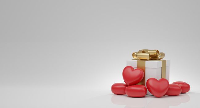 Valentine's Day concept, red hearts balloons and white gift box with gold ribbon on white background. 3D rendering.