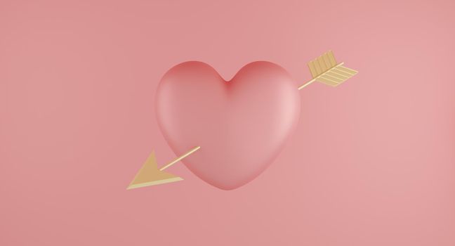 Valentine's Day concept, pink hearts balloons with gold arrow on pink background. 3D rendering.