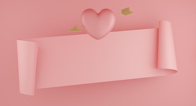 Valentine's Day concept, pink hearts balloons with gold arrow and banner on pink background. 3D rendering.