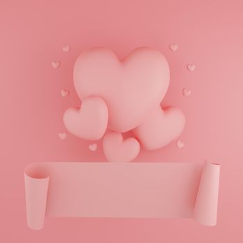 Valentine's Day concept, pink hearts balloons with banner on pink background. 3D rendering.